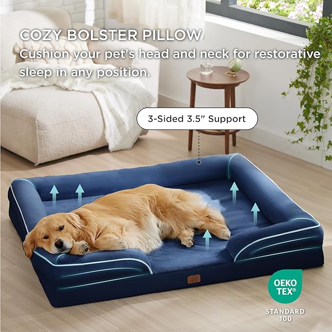 Bedsure XL Plus Orthopedic Dog Bed for Extra Large Dogs - Washable XLarge Dog Cat Bed Waterproof, Comfort Dogs Couch Sofa with Washable Removable Cover, Pet Bed with Nonskid Bottom, Blue Navy, 48"-PawvioPets