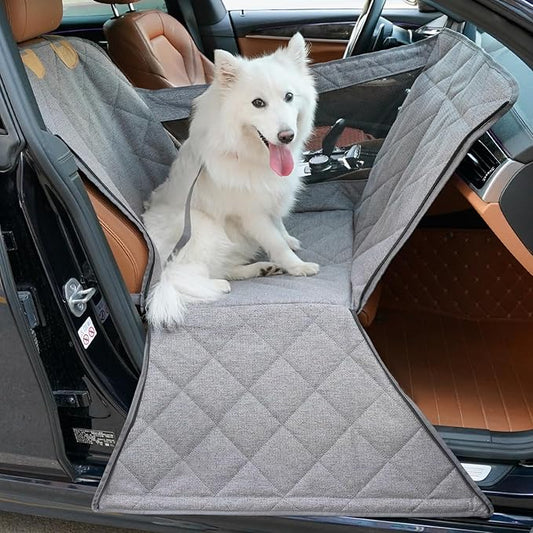 Dog Car Seat for Small/Medium Dogs with Door Protection – Full Coverage Pet Booster Seat with Mesh Window, Zippered Side Flaps, Safety Buckle, Grey Linen Fabric-PawvioPets