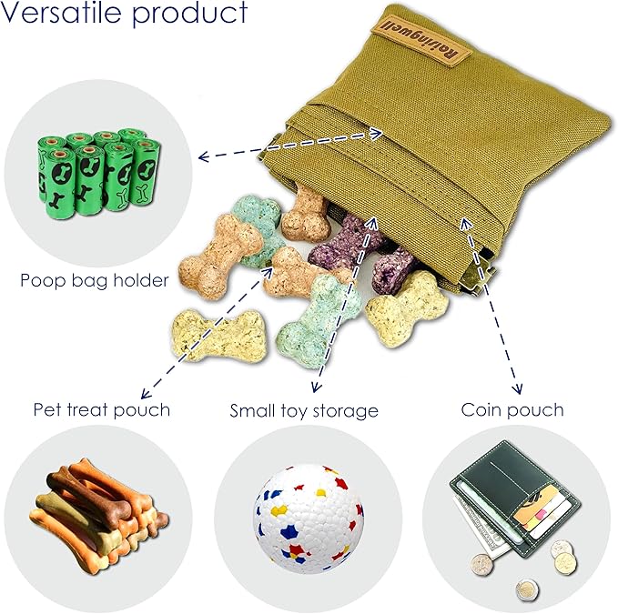 Dog Treat Pouch, Brown Pocket Sized Pet Training Pouch, Cotton Fabric, Hand Free Dog Walking Bag with Carabiner, Self-Closing Pet Feed Snack Reward, for Puppy Travel or Outdoor Use-PawvioPets