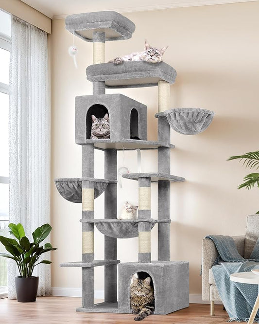 Globlazer Tall Cat Tower, 76 inch Multiple Level Cat Climbers for Indoor Cats, XL Cat Tree with 5 Scratching Posts, 2 Cat Condos, Hammock, 2 Hanging Baskets, F76B, Light Grey-PawvioPets