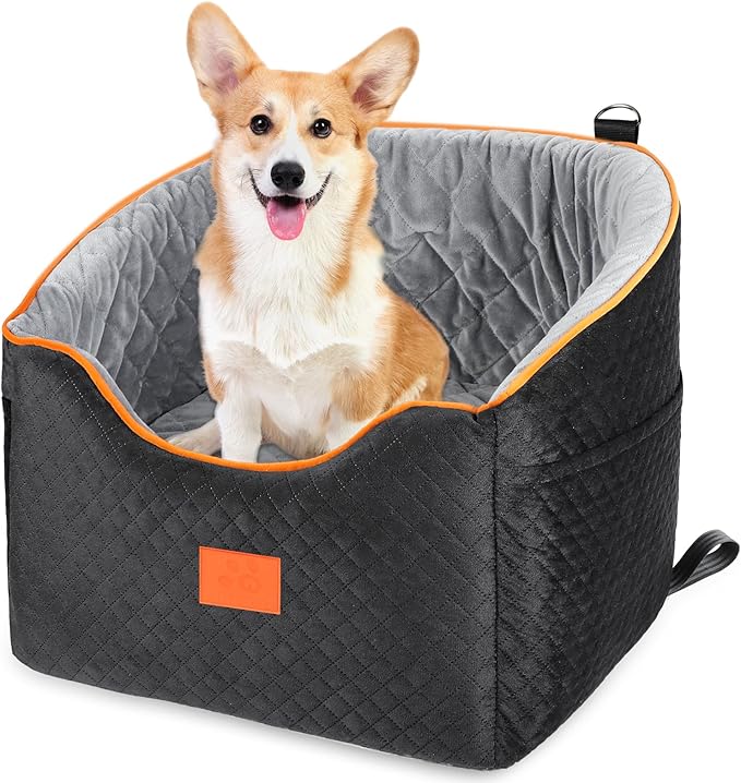 Dog Car Seat for Small Dogs, Memory Foam Booster Dog Seat for Dogs up to 35 lbs, Elevated Pet Car Seat with Washable Removable Cover, Storage Pockets(Black/Gray)-PawvioPets