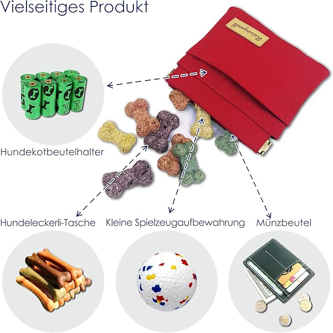 Dog Treat Pouch, Red Pocket Sized Pet Training Pouch, Cotton Fabric, Hand Free Dog Walking Bag with Carabiner, Self-Closing Pet Feed Snack Reward, for Puppy Travel or Outdoor Use-PawvioPets