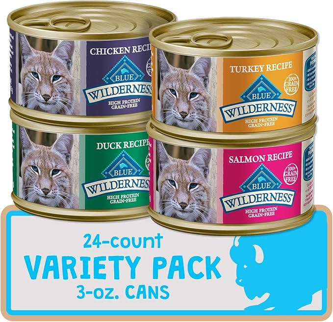 Blue Buffalo Wilderness High Protein Grain Free, Natural Adult Pate Wet Cat Food Variety Pack, Chicken, Salmon, Duck, and Turkey, 3-oz Can, 24 Count-PawvioPets
