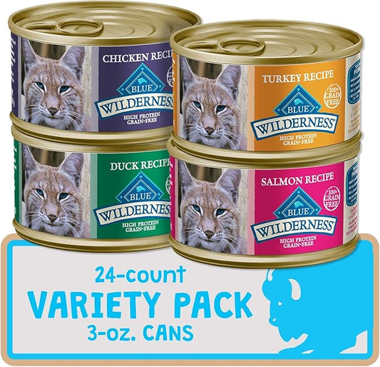 Blue Buffalo Wilderness High Protein Grain Free, Natural Adult Pate Wet Cat Food Variety Pack, Chicken, Salmon, Duck, and Turkey, 3-oz Can, 24 Count-PawvioPets