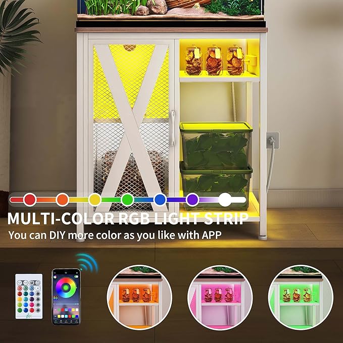 DWVO 20-29 Gallon Aquarium Stand with Power Outlets & LED Light, Cabinet for Fish Tank Accessories Storage - Metal Stand Suitable for Turtle Tank, Reptile Terrarium, 350LBS Capacity, White-PawvioPets