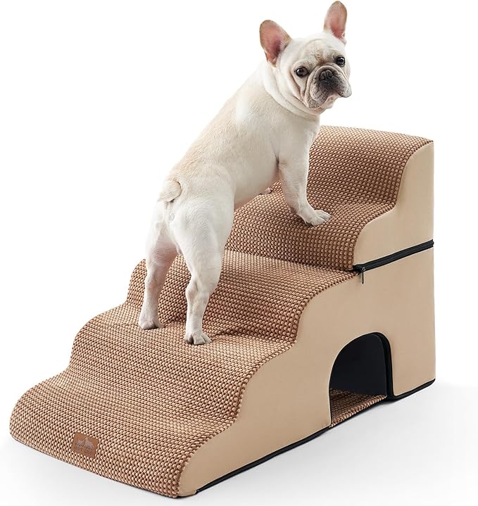 Extra Wide Dog Stairs with Tunnel, Detachable Large Pet Step for Small Medium Dog, Puppy or Cat, Ramp for High Bed, Couch, Sofa or Car, Stable, 19.7x33x22.4 inch, 5 Step, Light Brown-PawvioPets