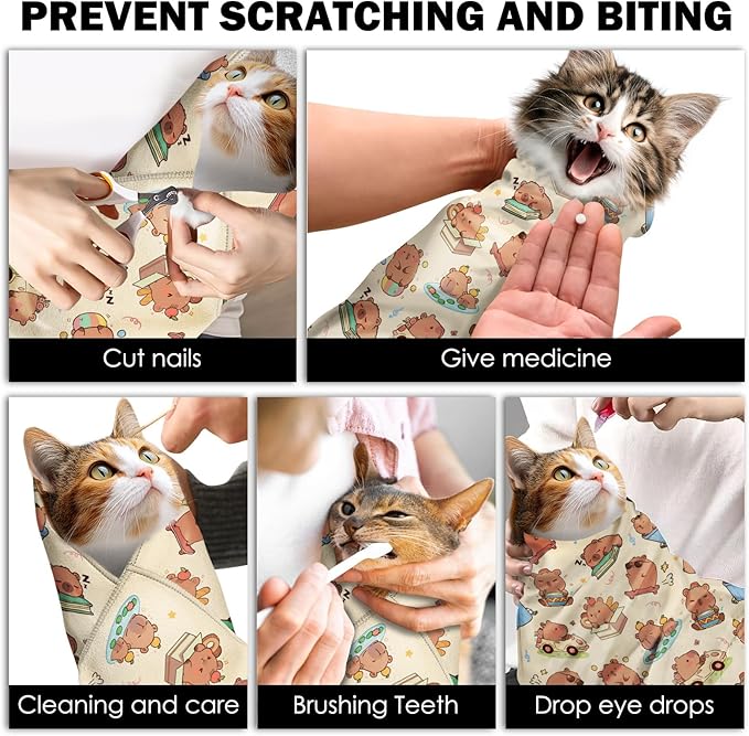 27.6"Cat Grooming Wrap, Self Adhesive Cat Wrap for Cutting Nails, Anti-Escape Calming Cat Swaddle Wrap for Medicine Ear Cleaning, Anti-Scratch Cats Burrito Restraint Blanket, Multifunctional Pet Tool-PawvioPets