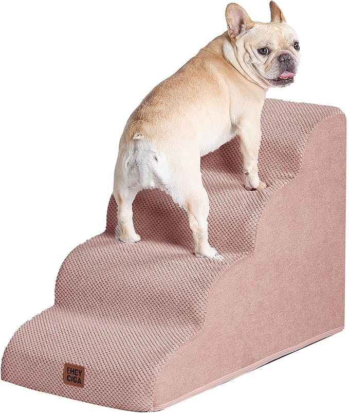 EHEYCIGA Curved Dog Stairs Ramp for High Beds 19.7" H, 4-Step Dog Steps for Small Dogs and Cats, Pet Stairs for High Bed Climbing, Non-Slip Balanced Pet Step Indoor, Dusty Pink-PawvioPets