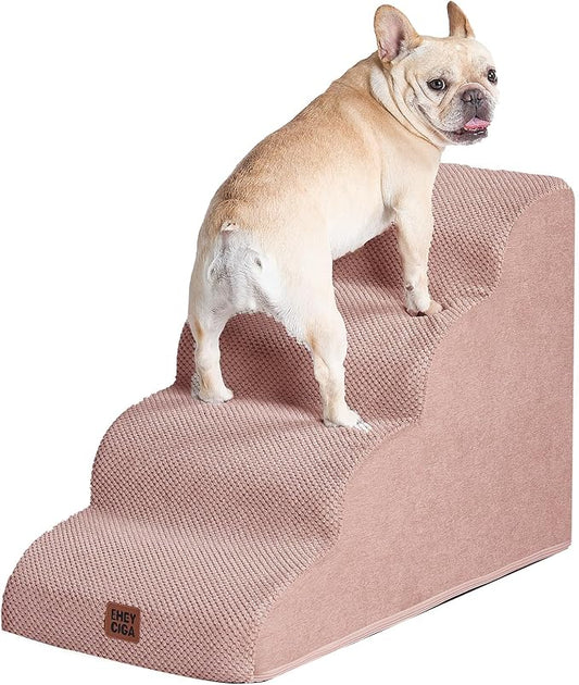 EHEYCIGA Curved Dog Stairs Ramp for High Beds 19.7" H, 4-Step Dog Steps for Small Dogs and Cats, Pet Stairs for High Bed Climbing, Non-Slip Balanced Pet Step Indoor, Dusty Pink-PawvioPets