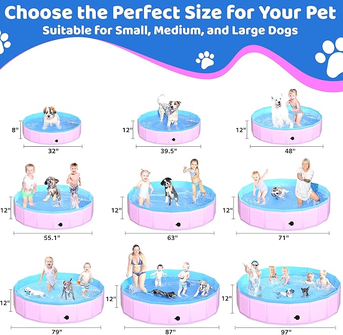 2025 Updated Foldable Dog Pool, 87" x 12" Kiddie Pool with Hard Plastic, Non-Slip Dog Bath Tub for Outdoor Backyard, Collapsible Dog Swimming Pool for Kids Dogs Pets (Pink)-PawvioPets