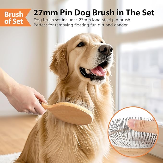 Dog Brush for Long Haired Dogs, 27mm Extra Long Metal Pin Dog Deshedding Brush and Comb Set, Short Haired Shedding Grooming Detail Pets Brush Set with Rubber Handle-PawvioPets