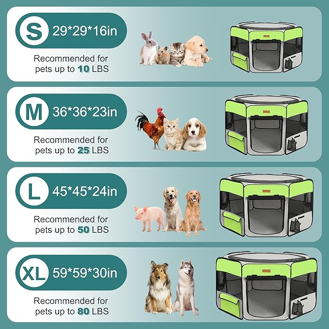 Dog Playpen, Portable Pet Play Pen for Cat, Puppies, Rabbits, Chickens, Foldable Large-Capacity Pet Tent for Indoor/Outdoor Travel Camping Green-PawvioPets