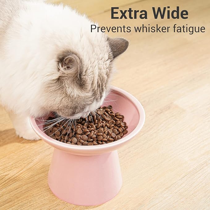 Extra Wide Elevated Ceramic Cat Food Bowl - 6.2" Shallow Dish for Whisker Fatigue Relief, 5" Height for Easy Feeding, Lead & Cadmium Free, Durable Raised Cat Food Bowls, Pink-PawvioPets