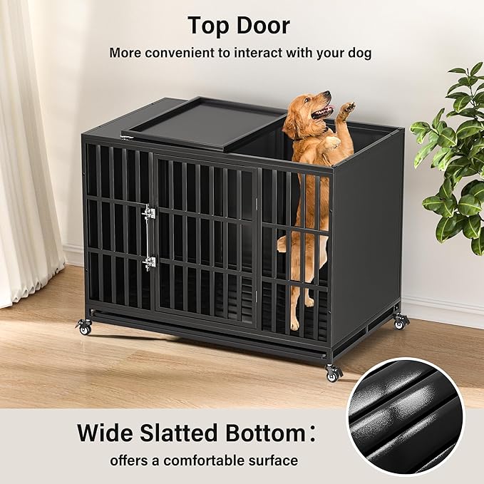 48 inch Heavy Duty Dog Crate with Self-Locking Latch, Indestructible Large Steel Kennel with Enclosed Design, Escape-Proof and Chew-Proof Pet Cage for High Anxiety Dogs-PawvioPets