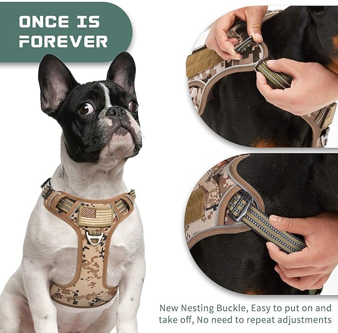 BUMBIN Tactical Dog Harness for Small Dogs No Pull, Famous TIK Tok No Pull Puppy Harness, Fit Smart Reflective Pet Walking Harness for Training, Adjustable Dog Vest Harness with Handle Desert Camo S-PawvioPets