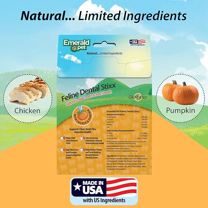 Emerald Pet Feline Dental Stixx — Tasty and Crunchy Cat Dental Sticks with Pumpkin for Digestive Health — Natural Grain Free Dental Treats for Clean Cat Teeth and Fresh Breath — Chicken Stixx, 3.6 oz-PawvioPets