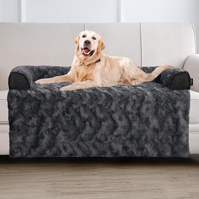 Calming Extra Large Dog Bed for Couch, 45 x 37 inch Removable Couch Cover for Dogs Washable, Non-Slip Fluffy Plush Dog Sofa Mat for Furniture Protector - Dark Grey-PawvioPets