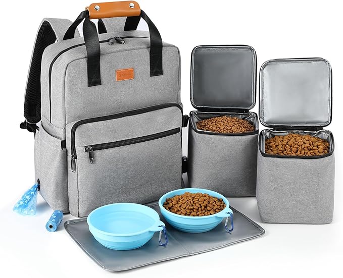 Dog Travel Bag, 25L Airline Approved Dog Travel Backpack for Pet Travel Accessories with 2 Food Storage Containers, 2 Foldable Bowls for Short Trips, Grey-PawvioPets