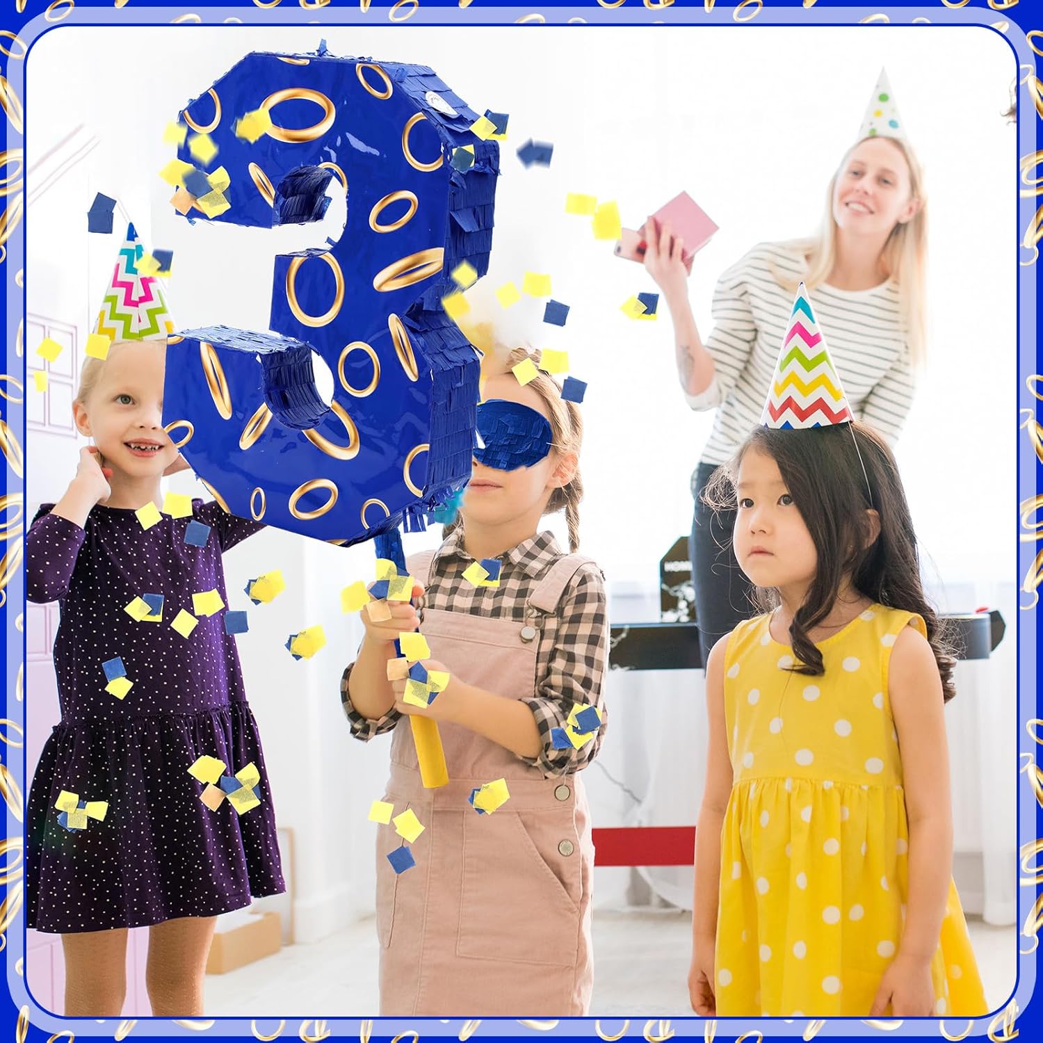 Number 3 Blue and Golden Rings Piñata for Kids Birthday Cartoon Theme Small Piñata with Blindfold Stick Confetti for Fiesta Cinco De Mayo Party Decor, 15.8 x 11 x 2.8 Inch