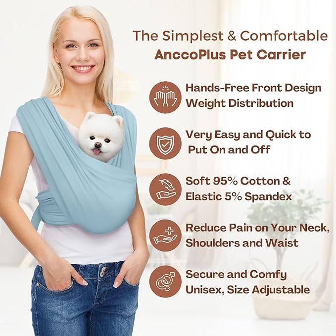 Dog Carriers for Small Dogs, Front Facing Dog Sling Carrier, Hands Free Cat Carrier, Size Adjustable, Reducing Back Pain, Premium Cotton, Safe and Soft Dog Carrier (Regular, Baby Blue)-PawvioPets
