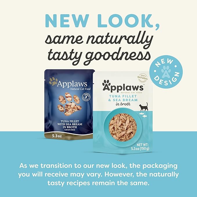 Applaws Natural Wet Cat Food in Broth, Limited Ingredient Wet Cat Food Pouches, No Additives, Made with Natural Ingredients, Tuna Fillet with Seabream in Broth (12 x 5.3oz Pouches)-PawvioPets