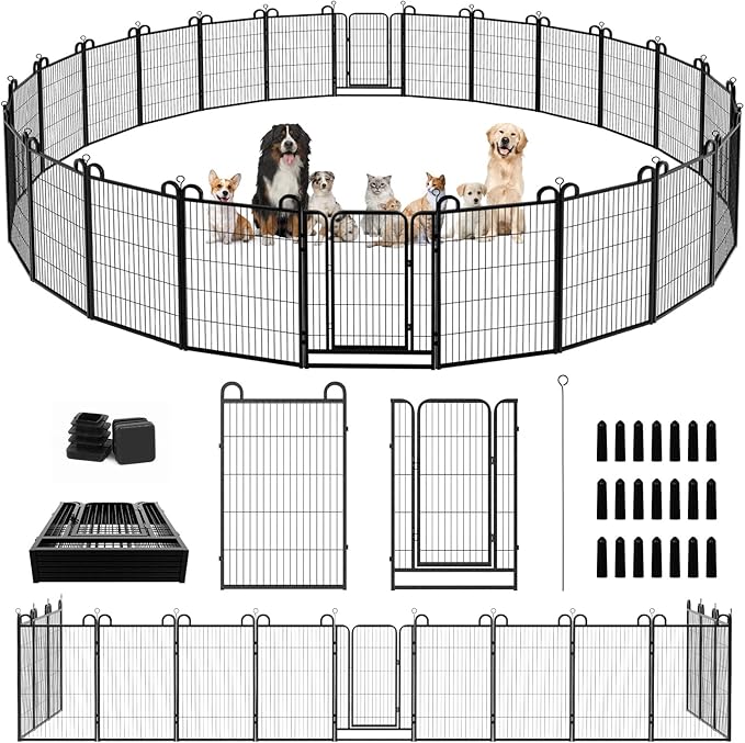 Dog Playpen Outdoor 24 Panels Heavy Duty Dog Fence 40" Height Anti-Rust with Doors Portable for RV Camping Yard, Total 54FT, 227 Sq.ft, Snowy Black-PawvioPets