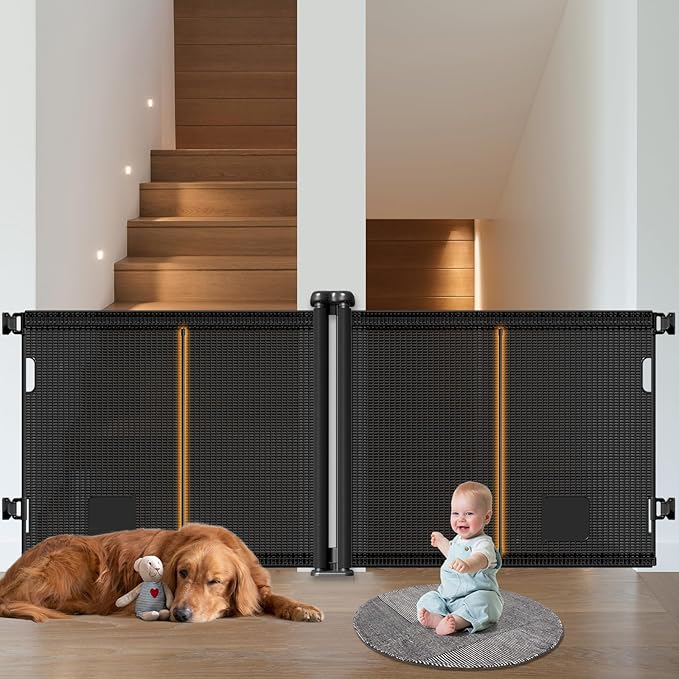 2-in-1 Retractable Baby Gates, 41" Tall Mesh Dog Gate with Cat Door 1-Pack, One Side Up to 71" Wide, Total 142" Wide, Long Retractable Pet Gate for Stairs Landing Indoor Outdoor-Black-PawvioPets