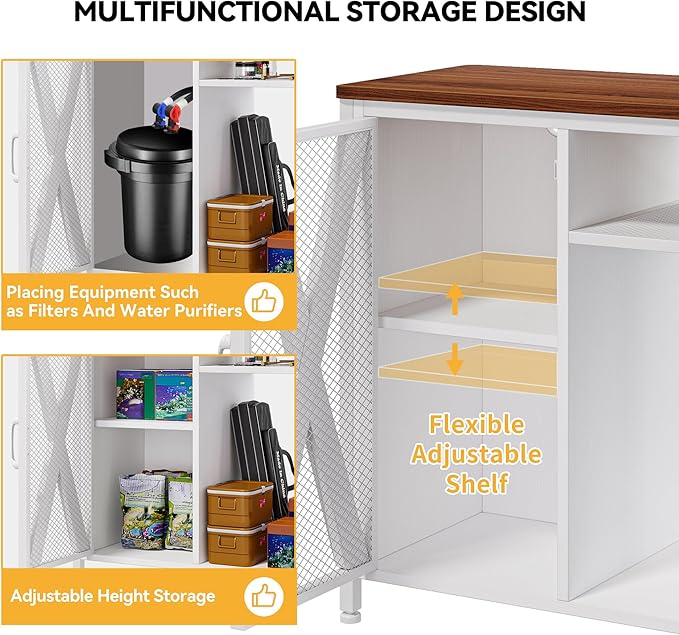 DWVO 40-50 Gallon Aquarium Stand with Power Outlets & LED Light, Cabinet for Fish Tank Accessories Storage - Metal Fish Tank Stand Suitable for Turtle Tank, Reptile Terrarium, 660LBS Capacity, White-PawvioPets