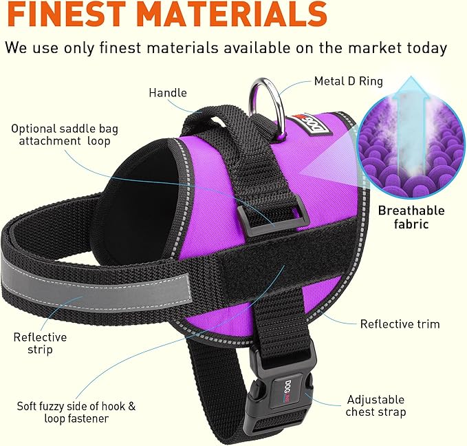 Dogline Dog Harness, Reflective No-Pull Adjustable Vest with Handle for Walking, Training, Breathable, No - Choke Harness for Small, Medium or Large Dogs Room for Patches Girth 33"-46" in Purple-PawvioPets
