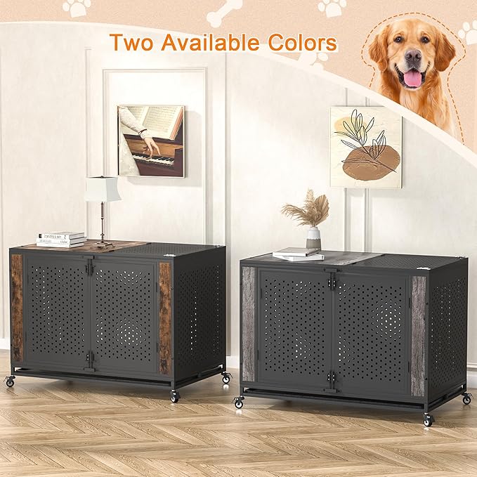 48" Heavy Duty Dog Crate Furniture for Extra Large Dogs, Enclosed Design with 0.5 inch Holes, Indestructible Metal Kennel for High Anxiety Dogs, Chew Proof Pet House Cage Indoor, Gray-PawvioPets