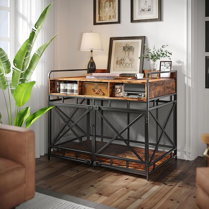 Dog Crate Furniture, 43" Heavy Duty Wooden Dog Crate End Table, XL Dog Kennel Furniture Large Breed, Decorative Dog Kenne Indoor with 3 Drawers & Steel Tubes 43" L x28 W x36 H (Rustic Brown)-PawvioPets