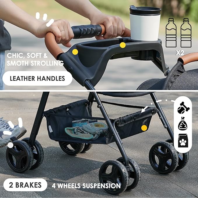 3 in 1 Pet Stroller with Removable Carrier, Folding Stroller for Small/Medium Dogs and Cats, Waterproof, All-Terrain, with Sun Shades, Car Seat-PawvioPets