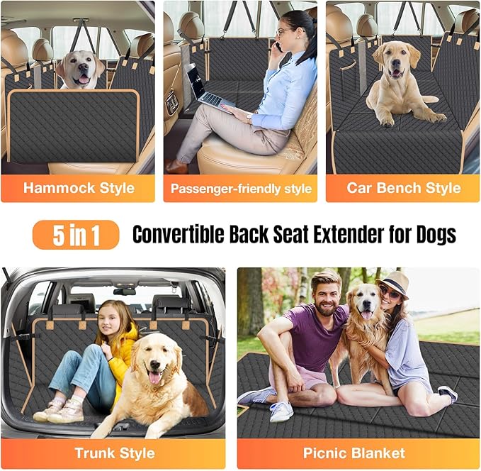Dog Car Seat Cover for Back Seat, Dog Car Bed Cover with Hard Bottom, Backseat Extender Hammock for Mid-Sized Truck/SUV 8 Panels - Black-PawvioPets