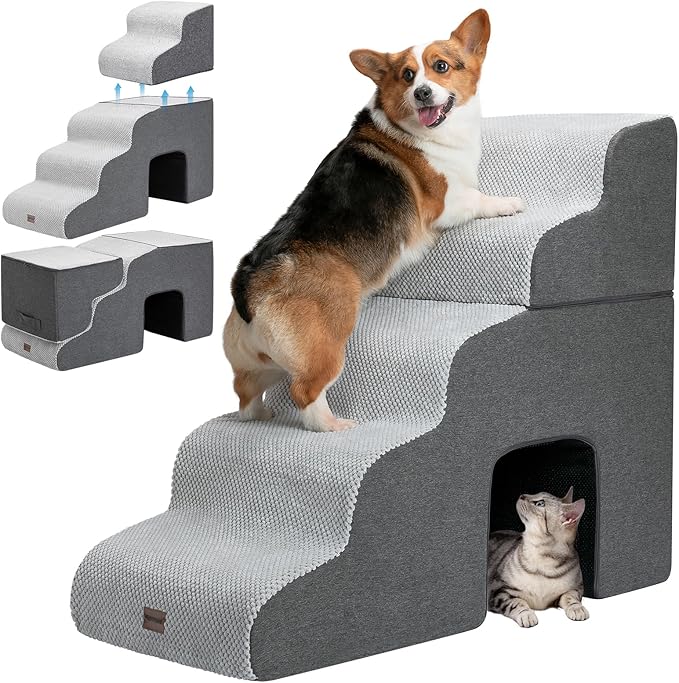 Dog Stairs for High Beds with Tunnel, 5-Step Dog Steps for Small Dogs and Cats, Foldable Pet Stairs for High Bed Climbing, Non-Slip Balanced Pet Step Indoor, Light Grey-PawvioPets