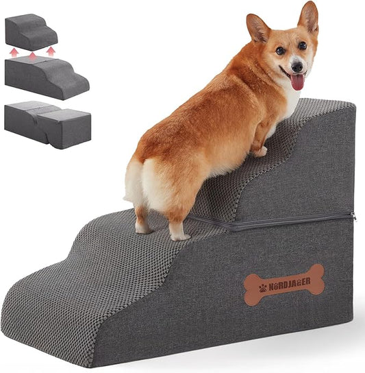 Dog Stairs 4 Steps for Small Dogs and Cats to Get on High Beds, Couch or Car, Pets Can Climb, Sit, Lie Down or Perch to Look Out Windows on The Spliceable Ramp, Provides Support, Grey（19" H）-PawvioPets