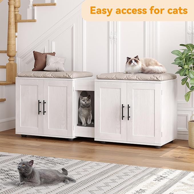 Gaomon Litter Box Enclosure with Double Cage, Cat House,Hidden Litter Box Enclosure Furniture for 2 Cats, Wooden Enclosed Cat Litter Box Furniture,55”L x 17.7”W x 22.5”H,White-PawvioPets