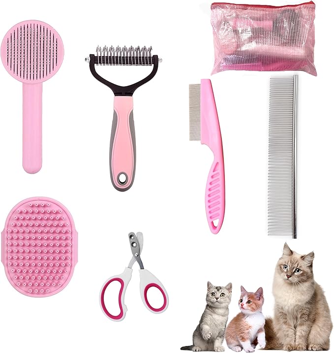 Cat Grooming Brush Kit 6 Tools - Deshedding & Dematting for Long/Short Hair, Self-Cleaning Slicker Brush with 6-in-1 Flea Comb for Cats & Kittens (Pink)-PawvioPets