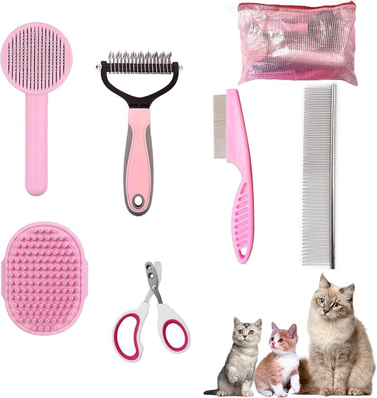 Cat Grooming Brush Kit 6 Tools - Deshedding & Dematting for Long/Short Hair, Self-Cleaning Slicker Brush with 6-in-1 Flea Comb for Cats & Kittens (Pink)-PawvioPets
