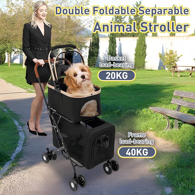 Double Pet Stroller for 2 Dogs or Cats, Folding Dog Stroller with 2 Detachable Carrier Bags, Safety Belt, 4 Lockable Wheels, Separate Compartments, for Multi-Pet Homes (Black)-PawvioPets