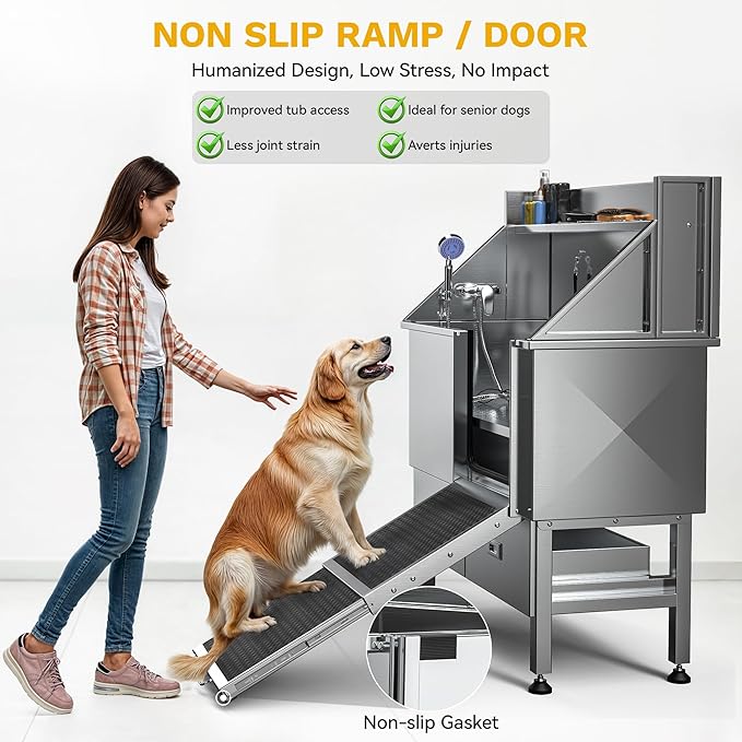 DWVO Professional Dog Bathing Station Stainless Steel 304 Dog Bathtub 50in for Grooming w/Left Door Ramp, 2 Storage Drawers, Faucet, Grate, Pet Washing Station for Large, Medium, Small Pets-PawvioPets