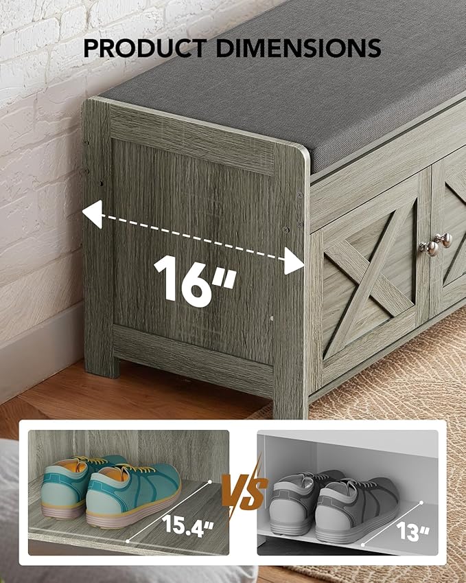 Amada Shoe Bench, Entryway Bench with Cushioned Seat & Lift Top Storage, 3 Doors, Adjustable Shelf, 300 lbs Capacity, Storage Bench with Shoe Rack for Entryway, Bedroom, Living Room, Gray-PawvioPets