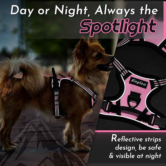 Eagloo Small Dog Harness No Pull, Service Vest with Reflective Strips and Control Handle, Adjustable and Comfortable for Easy Walking, No Choke Pet Harness with 2 Metal Rings, Pink, XS-PawvioPets