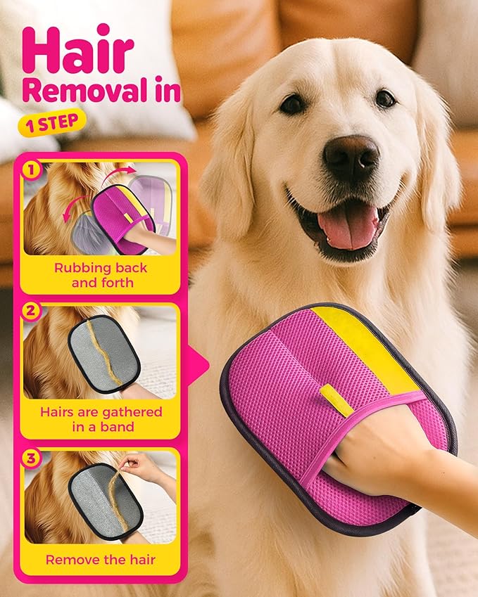 2025 Thickened Electrostatic Pet Hair Removal Gloves (2 Pcs) - Reusable Strong Grooming Gloves for Cats & Dogs, Hair Remover for Couch, Furniture, Carpet, Car Seats & Clothing (Pink)-PawvioPets