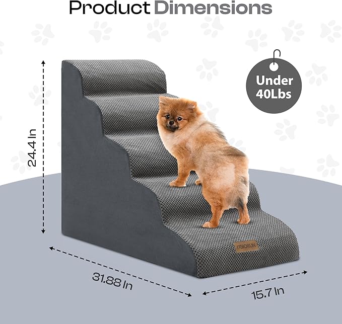 Dog Stairs for High Beds Up to 30", Extra-Tall 24.5" 5-Step Foam Pet Ramp with Washable Cover, Gentle Slope Steps, Bed & Couch Ladder for Small Medium Dogs & Senior Cat, Puppy Climbing Stairs-PawvioPets