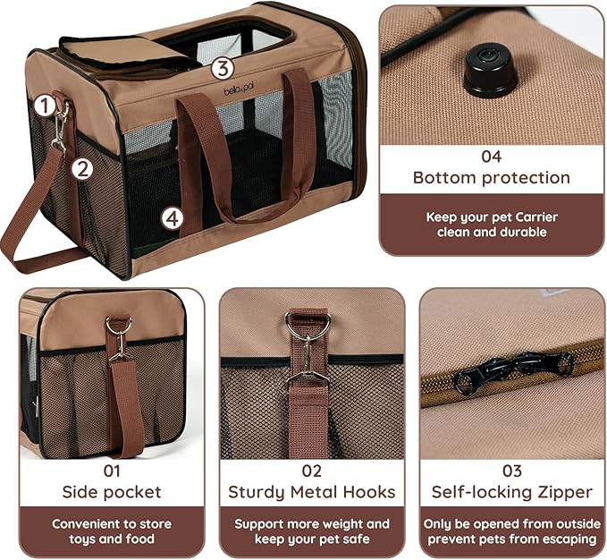 BELLA & PAL Cat Carrier Travel Bag, Airline Approved Lightweight Cat Carrier, Soft Sided Pet Carrier for Puppy Dogs Up to 18lbs, Collapsible Kitten Bag with Removable Waterproof Mat, Ventilated Mesh-PawvioPets