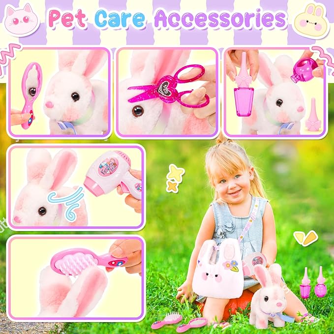 Easter Bunny Toys for Kids with Crossbody Bags, Easter Basket Stuffers Interactive Hopping Wiggle Ears Rabbit Toy, Pretend Play Robot Pet Care Cute Stuff for Girls Trip Plushies Birthday Gifts-PawvioPets