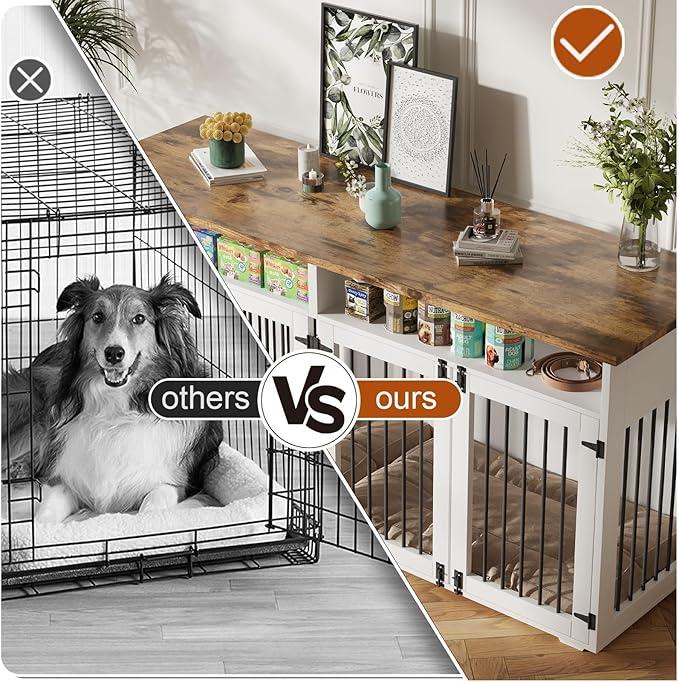 63'' Dog Crate Furniture for 2 Dogs, Wooden Dog Cage with Storage Compartment, Indoor Dog Kennel with 4 Doors for Large/Medium Dogs, White-PawvioPets