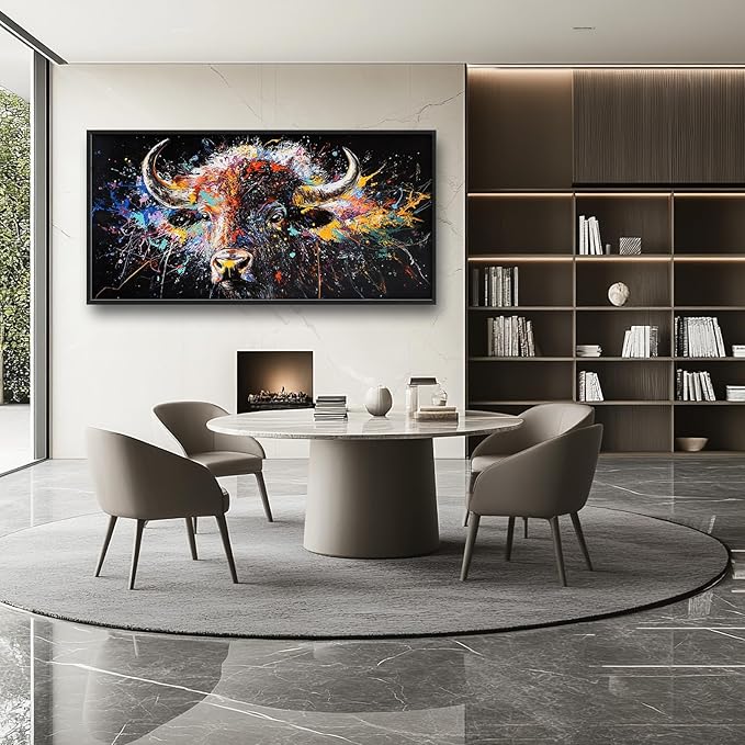 Framed Large Bison Buffalo Wall Art for Living Room, Oversized Graffiti Yak Cow Wall Decor Banksy Bull Canvas Painting Animal Pictures Modern Artwork for Living Room Bedroom Office 60"x30"-PawvioPets