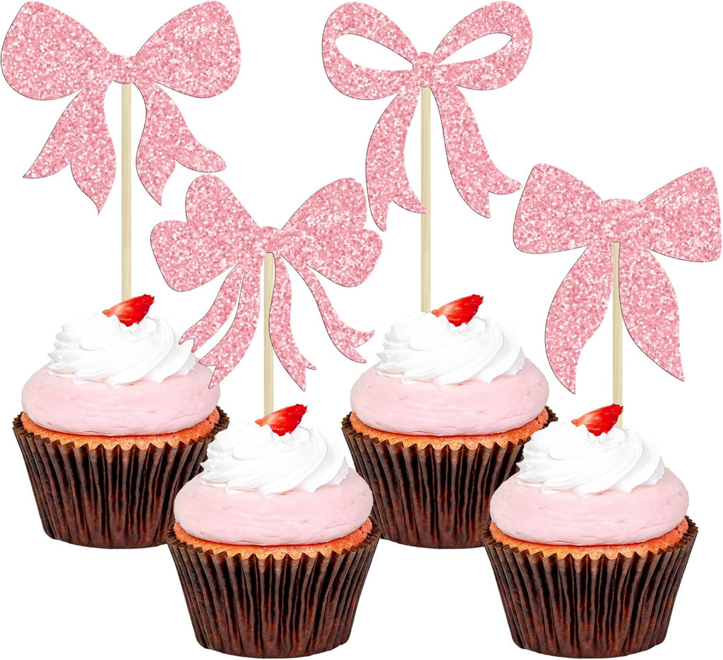 Gyufise 36Pcs Bow Cupcake Toppers Glitter Girls Birthday Decorations Bowknot Cupcake Picks Bow Tie Birthday Decorations Bow Cake Toppers for Bridal Baby Shower Bachelorette Party Supplies Pink