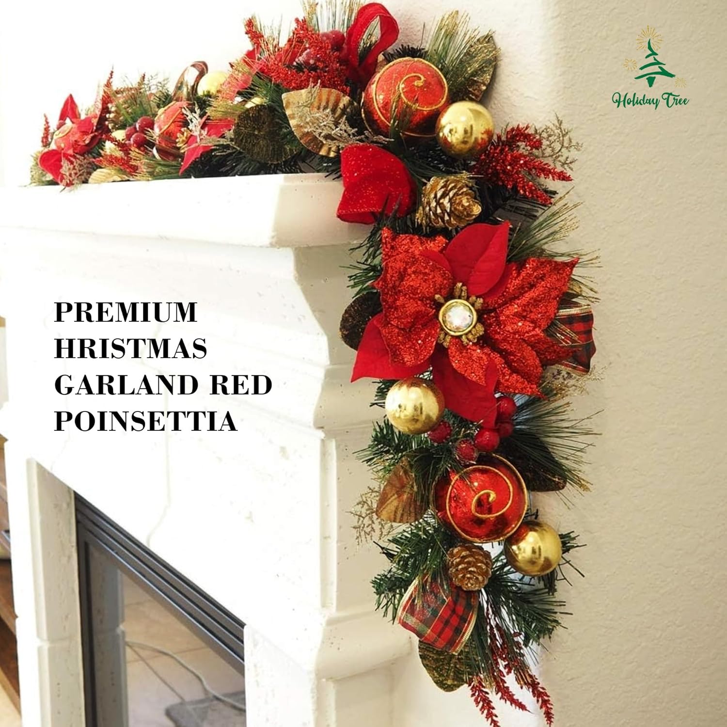 5 ft Christmas Garland for Mantle Unlit Garland for Stairs Railing, Banister, Staircase, Fireplace, for Table No Light, Garland Decor Frosted Red Poinsettia Holiday Tree (Decorated Red Poinsettia)